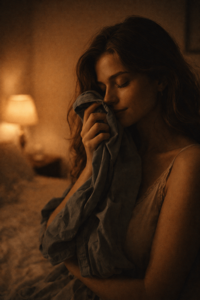 夜の静かな寝室で、温かなスタンドライトに照らされながら、スカーフやシャツを顔にそっと寄せて目を閉じる人物。香りから伝わる安心感と切なさが繊細な表情ににじみ、浅い被写界深度と柔らかな粒子感、落ち着いた色調が映画的で詩的な雰囲気を醸し出している。