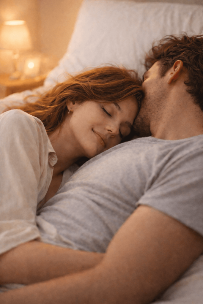 やわらかく明るい色調の室内で、カップルが静かに寄り添って横たわっているシーン。一人は相手の首元や肩の近くにそっと頭を預け、穏やかな表情で目を閉じている。高められたシャープさにより肌の質感や感情が自然に表現され、浅い被写界深度とほのかなフィルムグレインが、上質なフレグランス広告のような親密で安らぎに満ちた雰囲気を醸し出している。