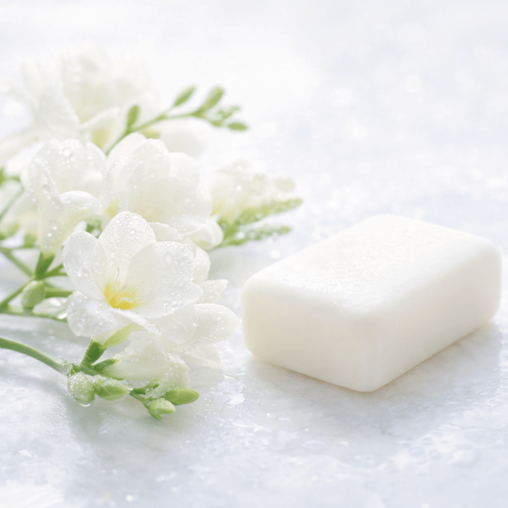 朝露に濡れた白いフリージアの花と純白の石鹸を並べたイメージ。清潔感と純粋さを表現した、石鹸のようにやさしく広がるフリージア 香水の香りを視覚化した写真。